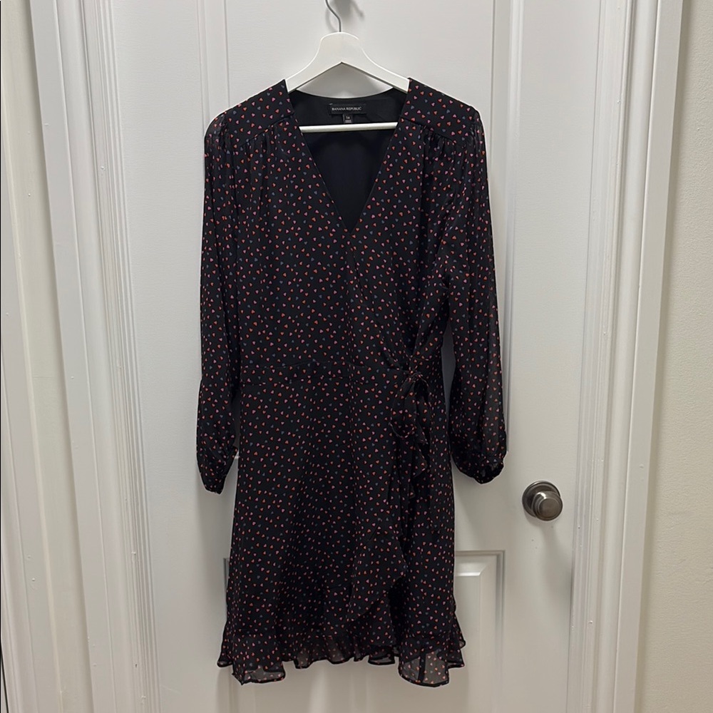 Elegant Black Banana Republic All Over Heart Ruffle Bow-tie Dress NWOT